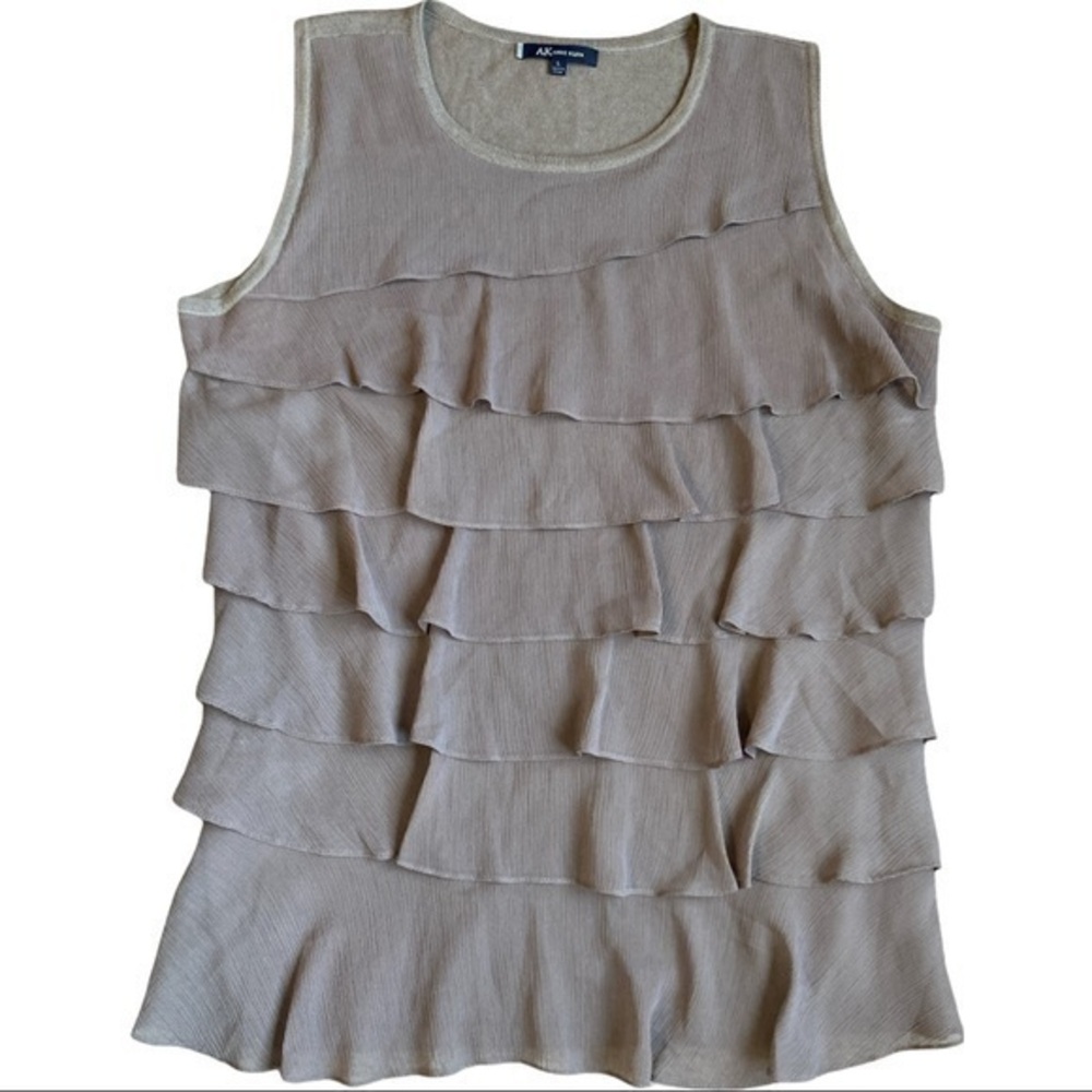 Anne Klein size large sleeveless brown blouse, soft lining sheer ruffled top